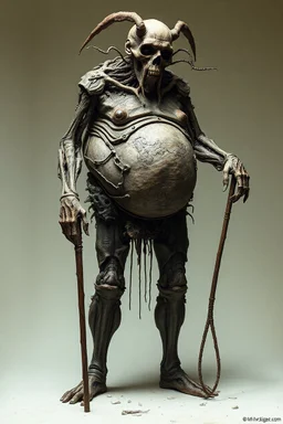The full body of a fat man holding a cane , decayed and rotting with grotesque proportions and imagery. surreal horror, biomechanical design, by hr giger and beksinski