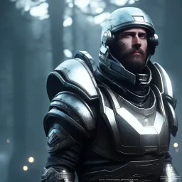 Epic Character design, Male space soldier wearing metal armor black, mist, photorealistic, octane render, unreal engine 5 style, ultra detailed, volumetric lighting, Dark Alien planet, 27 year old man with helmet and beard