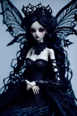 A whimsical dark fantasy detailed doll-like dark fairy figure with wings, an ethereal presence and hyper-realistic features. Her ewaring a victorian, goth enchanted aesthetic. Her large, dark eyes shimmer with mystery, while her flowing lacy long gown sways as if caught in an unseen breeze. Ornate wire spirals and dried dry floral elements crown around, giving her an otherworldly, nature-bound elegance with dark lace, shadows, fog in a surreal atmosphere. Hyperrealistic, splash art, concept art