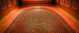 A light pink labyrinth with a magical maze designed in Kuna Molas painted by Joan Miro