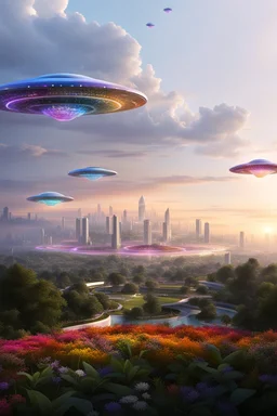 ufo rainbows, cité cristal très futuriste ultra moderne, ufos fleet, intergalactic, dômes de cristal, beautiful gardens , flowers