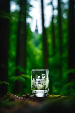 Create hyper-realistic photo of a glass tumbler in a wild forest. Inside, a miniature [London] with landmarks. A sleek white 3D text of [City] blends naturally into the landscape. Soft bright daylight, reflections, and subtle imperfections like fingerprints. DSLR quality, sharp focus.