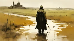 A man in a raincoat, a field, an embankment, against the background of a distant ancient Russian monastery, post-apocalypse, thick black penci, by Ashley Wood