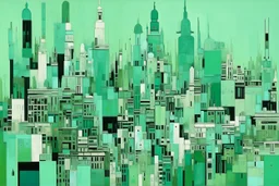 A mint colored noisy metropolis painted by Jeffrey Kolker