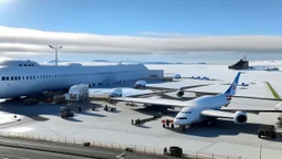 An artic airport with passenger and cargo planes the size of cruse ships