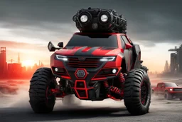 a super futuristic car, for all terrain, pickup fashion, black and red colors, big wheels, stay on street full of zombies