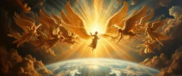 master oil painting by Rembrandt,whirlwind of a 100 million angels singing, display of god rays over blessed earth