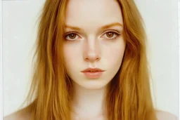 Polaroid, lily cole,,cheveux long blonds , yeux marron, petit nez, visage poupin, , fond blanc, grunge