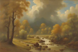 clouds, forest, lagoon, mountains, rocks, sci-fi, mistery gothic influence, heavy metal videoclips influence, ernest welvaert, alfred munnings, and henry luyten impressionism paintings