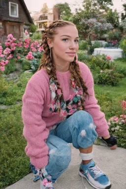 Sherrie Sue Engellant, a stacked, ((well-endowed:1.5)) 18-year-old girl with Long, auburn red-brown hair cornrow style, sea-green eyes, muscles, sitting in her front yard wearing a pink, knit, turtleneck sweater, blue jeans, black converse sneakers, a sly, clever grin on her face, (plump, full, pouty lips) ,