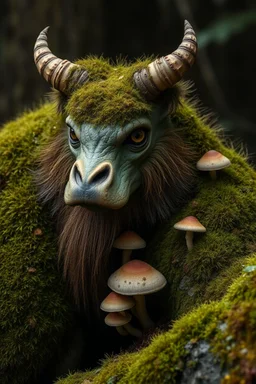 beast Soft, moss-covered skin, mushroom growths along their shoulders, eyes like calm ponds.