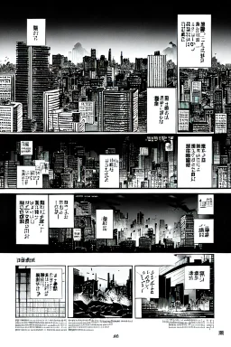 hiroshima nuclear disaster, city destroyed, manga page, greyscale