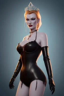 Veronica Lake as evil queen in black leather, busty, cleavage, curvy, angry, stern look. character design by cory loftis, fenghua zhong, ryohei hase, ismail inceoglu and ruan jia. unreal engine 5, artistic lighting, highly detailed, photorealistic, fantasy