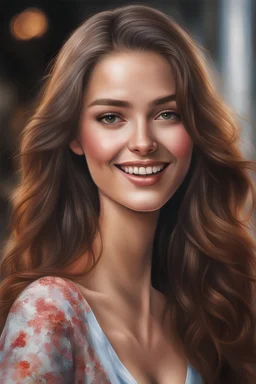 Young beautiful woman, long hair, elegant, too beautiful, Trader forex, Test, highly detailed deep colours highly realistic, ruddy skin, beautiful, full lips, a minuscule amount of clothing, smiling, feeling of lightness and joy, hyperrealism, skin very elaborated, direct gaze, by alex1shved