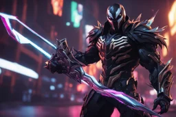 Venom Shredder in 8k solo leveling shadow artstyle, sombra machine them, close picture, rain, Shredder helmet, neon lights, intricate details, highly detailed, high details, detailed portrait, masterpiece,ultra detailed, ultra quality