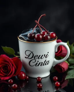 coffee cup covered with black agate and ruby ​​in the form of cherries, as realistic as possible, 5D, photorealistic,under the inscription detail the text 'Dewi Cinta' in detail emboss cursive letters, near red roses, ultra dark background HD 64k studio hyperrealism lightning light reflection