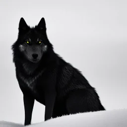 A captivating, monochromatic photograph of an ethereal black wolf in a snowy landscape, with a tight focus on its piercing gold eyes and striking fur details, evoking a sense of mystery and otherworldliness.