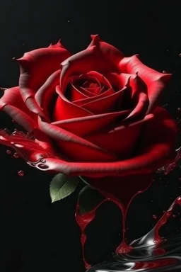 watercolor an exciting illustration of a red rose with petals, completely made with transparent red paint flowing down a dark glossy surface, a light spot on the rose, a dark empty background, liquid splashes, complex details, photorealistic