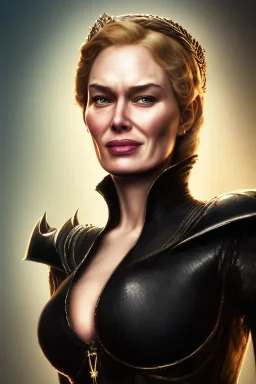 Cersei Lannister as evil queen in black leather, busty, cleavage, curvy, lena headay, angry, stern look. character design by cory loftis, fenghua zhong, ryohei hase, ismail inceoglu and ruan jia. unreal engine 5, artistic lighting, highly detailed, photorealistic, fantasy