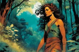 create a wildly conceptual closeup full body print illustration of a female Etruscan huntress with highly detailed hair and feminine facial features, in an ethereal, otherworldly ,ancient Spring forest , in the comic book art style of Bill Sienkiewicz, Mike Mignola, Sparth, Maxfield Parrish, and Jean Giraud Moebius, finely textured, drawn, colored, and inked, suffused with dramatic natural light