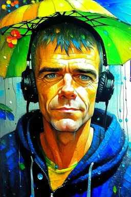 acrylic portrait of a man, emotions, rain, flowers, umbrella, autumn, paint blots, splashes, tears, plants, yellow, blue, green, orange colors