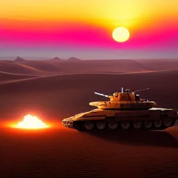 volumetric dramatic desert Battle scene with futuristic hovering military armored Hovercraft tank painted by chris foss, Laser turret, floating, 4k, 8k, Minutiae, highly detailed, rivets, hovering, stripes, sunset [duststorm, nimbus clouds]