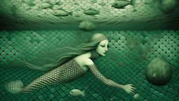 A surreal underwater scene with a mermaid-like figure swimming amidst a checkered pattern background, with a fish and other aquatic