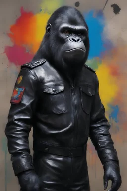 general Aldo the black gorilla military leader from Planet of the Apes wearing a clean, black leather jacket, dark colored shirt, dark leather trousers and black slip-ons and a black helmet - extremely colorful, multicolored paint splattered wall in the background, oil painting by Leonardo da Vinci