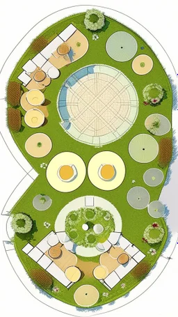 Create a floorplan for a garden of 8 wide and 6 deep. There must be a patch of grass of 2 by 4 meter and a space for a outdoor kitchen. There must be a round picknick table and two sunbeds.