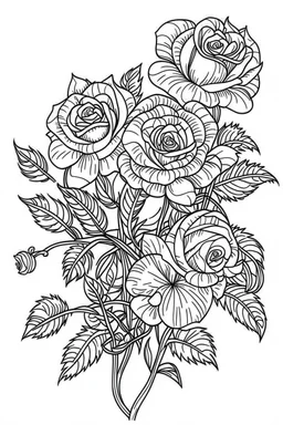 Outline art for coloring page, ROSES WITH STEMS, coloring page, white background, Sketch style, only use outline, clean line art, white background, no shadows, no shading, no color, clear