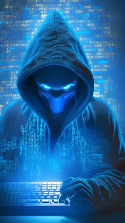 hacker with blue screen as facee using a keyboard, unreal engine, 3d, hoodie, golden light in background, light shafts