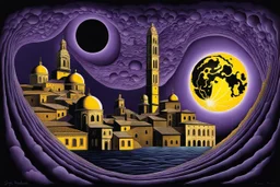 midnight in surreal old city with one big full moon, shadows on walls, strange buildings, sinister, dark clouds, by Greg Rutkowski surrealism Salvador Dali , purple-yellow, black melting oil on canvas, sinister, by Greg Rutkowski surrealism Salvador Dali matte background melting oil on canvas abstract vector fractal, wave-circle function, Zentangle, 3d shading