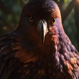 Hyper Realistic Close-photographic-view of Koel Bird Flying outside a thick old tree inside a jungle with sunlight-rays showing dramatic & cinematic ambiance