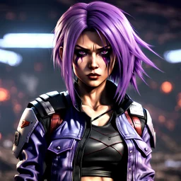 young alluring touch battle-scarred purple-haired Navajo female futuristic assassin, jean jacket and black shirt, dark eyeshadow, Tekken style, video game character, Tekken fighter, post-apocalyptic hellscape background