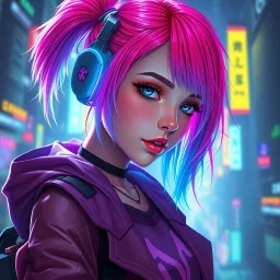 a pretty cyberpunk girl, bright coloured hair, dreaming of escape, young, futuristic, dystopia