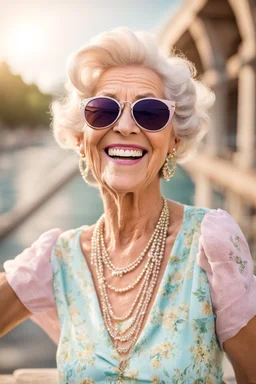 an happy older woman wearing sunglasses, vintage pastel outfit, and a necklace. She has a wide smile on her face and is laughing, in background blur bridge, natural light , high detailed, sharp focus, photorealistic, happy mood