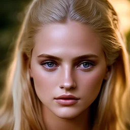 Photoreal close-up of a beautiful blonde warrior