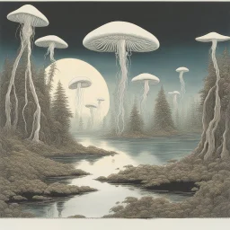 looking out over a lake, in an alien forest, flying mushrooms with jellyfish tenacles formed into gnarled trunks, Roger Dean