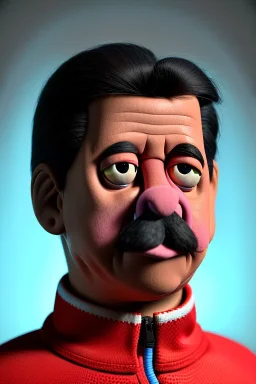 Waist up muppet Portrait, Nicolas maduro us muppet doll, Venezuelan president, tracksuit red blue and yellow, mustache, photo studio, red background, unreal engine 5, concept art, art station, ray tracing, lumen lighting, ultra detail, volumetric lighting, 3d.