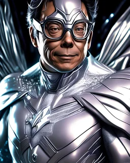 Gustavo Petro anthropomorphic 2d in a silver hyper-detailed superhero suit