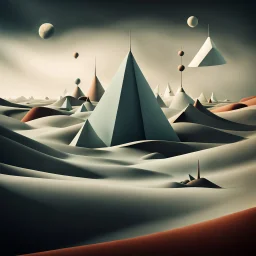 Genera foto di un paesaggio surreale nello stile di Yves Tanguy, con forme organiche e geometriche astratte. Usa colori tenui e contrastanti, creando un senso di mistero e introspezione con ombre morbide e luci delicate.