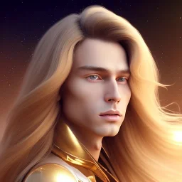 beautiful cosmic golden male, long hair, nice smiling, delicate colors, beautiful glamour galactic golden dress, ultra sharp focus, 8k, unreal engine 5, extremely sharp detail, light effect, soft light atmosphere of a spaceship, smooth, full of details, face in front, complete vision of face and body