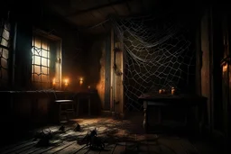 Candle room and horror atmosphere. Everything flies through the air against a background of horror, darkness and dust The spider webs make the picture look old