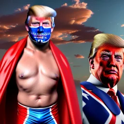 realistic image of donald trump as a mexican wrestling fighter posing outdoors, with mexican mask painted on the face, red and blue breeches, confederate flag cape, naked torso, retro style, 80s, vibrant color, highly detailed, sky background, concept art, unreal engine 5, god rays, ray tracing, RTX, lumen lighting, ultra detail, volumetric lighting, 3d, finely drawn, high definition, high resolution.