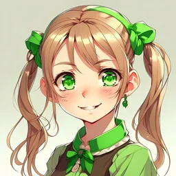 10 year old girl, pigtails with hairclips in hair, green eyes, anime style,