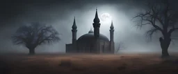 Hyper Realistic Haunted Dark Mosque between a Field with dry old tree at heavy foggy night