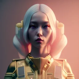 Cyber teenager, blonde, geisha style hair, white skin, pattern dress, velvet, gold, cyberpunk style, purpurin, highly detailed, art stations, concept art, smooth, unreal engine 5, god rays, ray tracing, RTX, lumen lighting, ultra detail, volumetric lighting, 3d, finely drawn, high definition, high resolution, gradient background