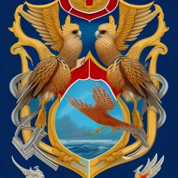 coat of arms of a coastal city with a kestrel, very detailed