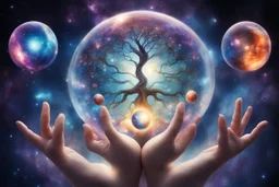 kundalini, connected to the universe, few colours of galaxy, holding galaxies in few hands in glass balls, I first ball ocena, second ball trees, third universe,