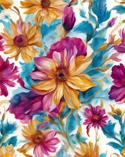 turquois , magenta and gold flower van Gough water color on white background